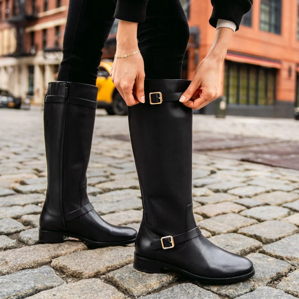 Rosamund | Women’s Wide Calf Knee-High Leather Riding Boots with Gold Buckle Straps