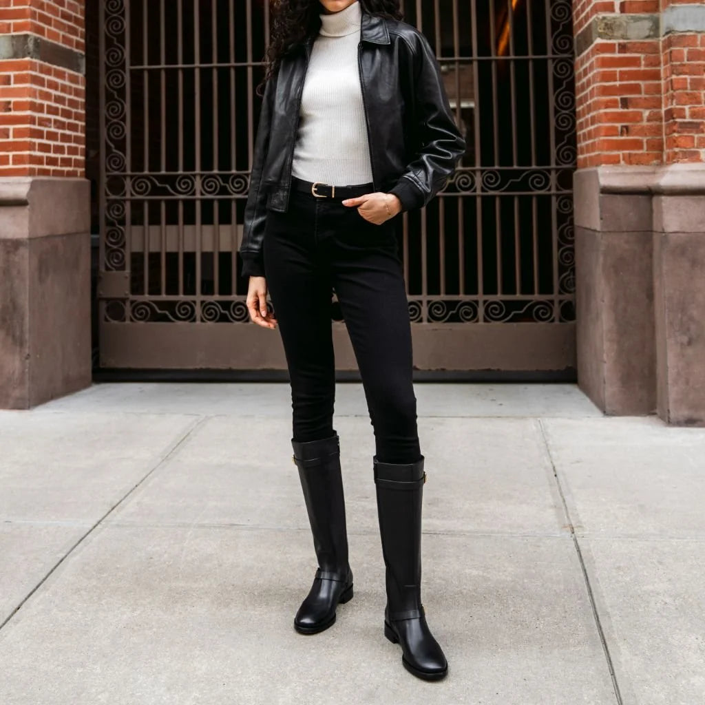 Rosamund | Women’s Wide Calf Knee-High Leather Riding Boots with Gold Buckle Straps