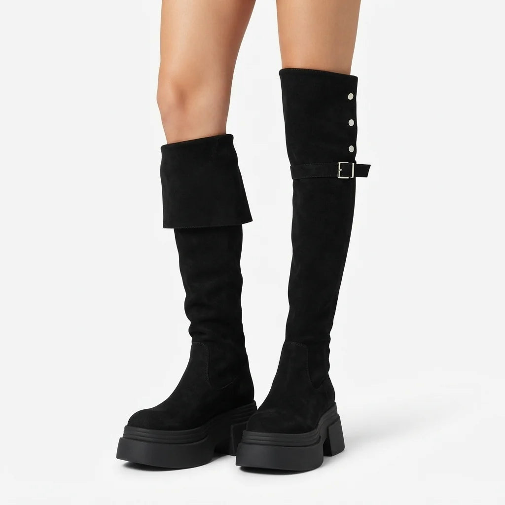 Valentina | Women's Over-the-Knee Platform Boots with Foldover Cuff & Buckle Detail