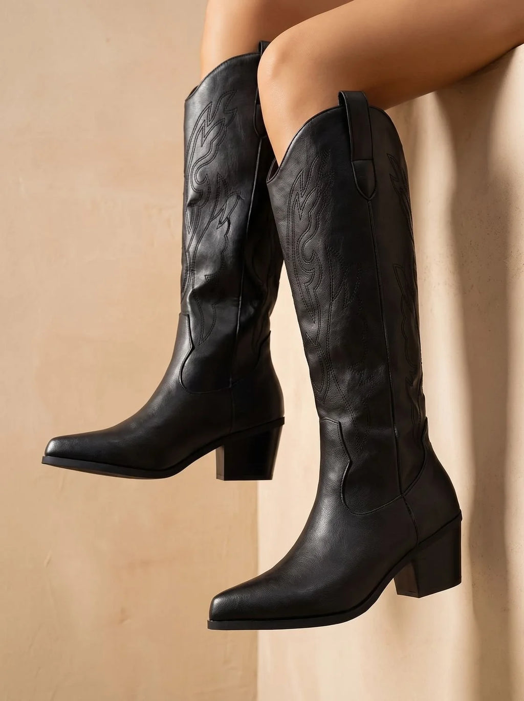 Ottilie | Women’s Wide Calf Embroidered Western Knee-High Boots with Block Heel