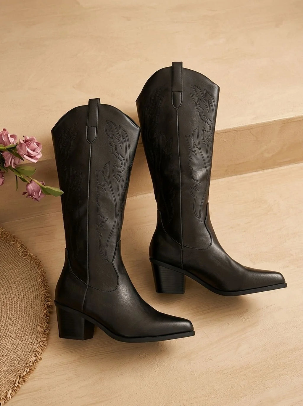 Ottilie | Women’s Wide Calf Embroidered Western Knee-High Boots with Block Heel